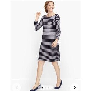 TALBOTS Knit Button Shoulder Sheath Dress in Navy Stripe Sz L